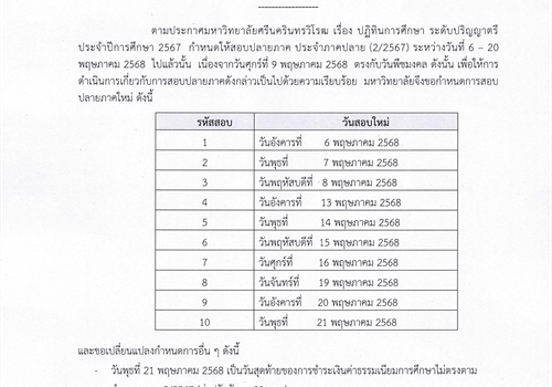 ประกาศมหาวิทยาลัย เรื่อง เลื่อนวันสอบปลายภาค