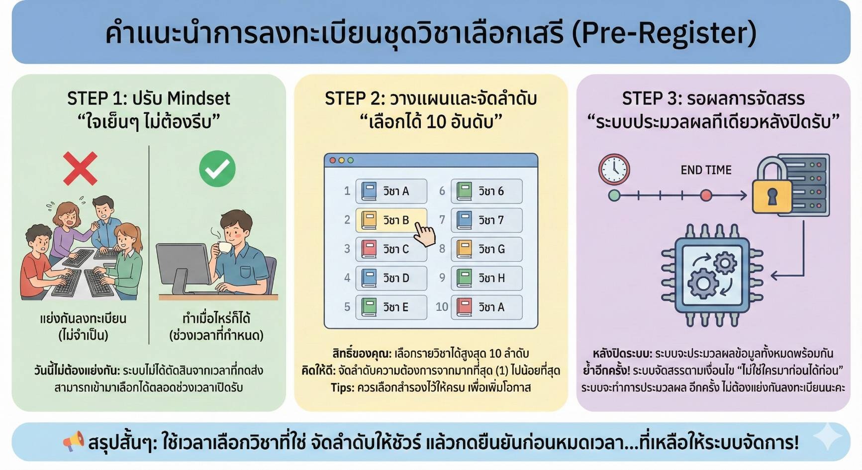 อินโฟกราฟิกคำแนะนำการลงทะเบียนชุดวิชาเลือกเสรี (Pre-Register)