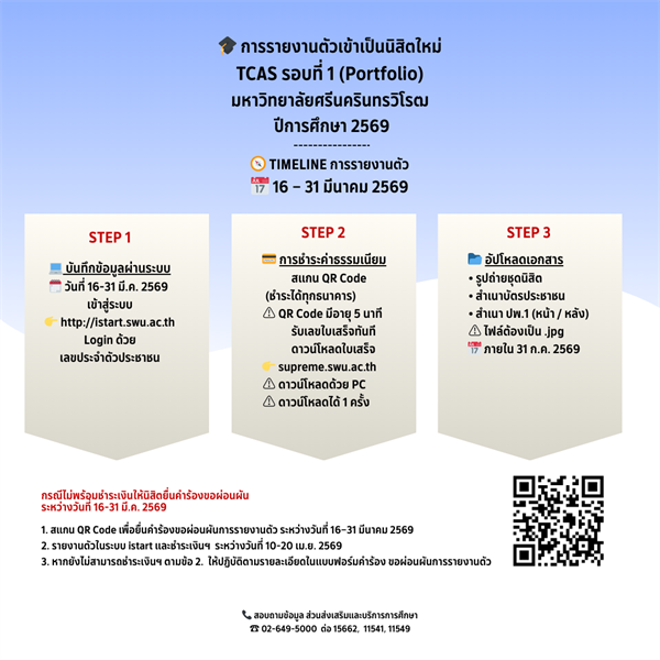 การรายงานตัวเข้าเป็นนิสิตใหม่  TCAS รอบ 1 (Portfolio) มหาวิทยาลัยศรีนครินทรวิโรฒ ปีการศึกษา 2569