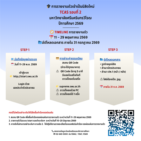 การรายงานตัวเข้าเป็นนิสิตใหม่ TCAS รอบ 2 มหาวิทยาลัยศรีนครินทรวิโรฒ ปีการศึกษา 2569