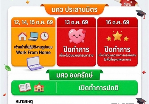 แจ้งการให้บริการและวันหยุดทำการ มศว ระหว่างวันที่ 12 - 16 ตุลาคม 2569 มศว ประสานมิตร
